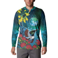 New Zealand Tui Bird Button Sweatshirt Maori Koru With Pohutukawa Galaxy Style LT05 - Polynesian Pride