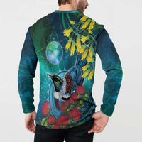 New Zealand Tui Bird Button Sweatshirt Maori Koru With Pohutukawa Galaxy Style LT05 - Polynesian Pride