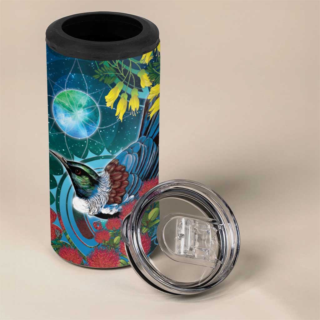 New Zealand Tui Bird 4 in 1 Can Cooler Tumbler Maori Koru With Pohutukawa Galaxy Style LT05 - Polynesian Pride