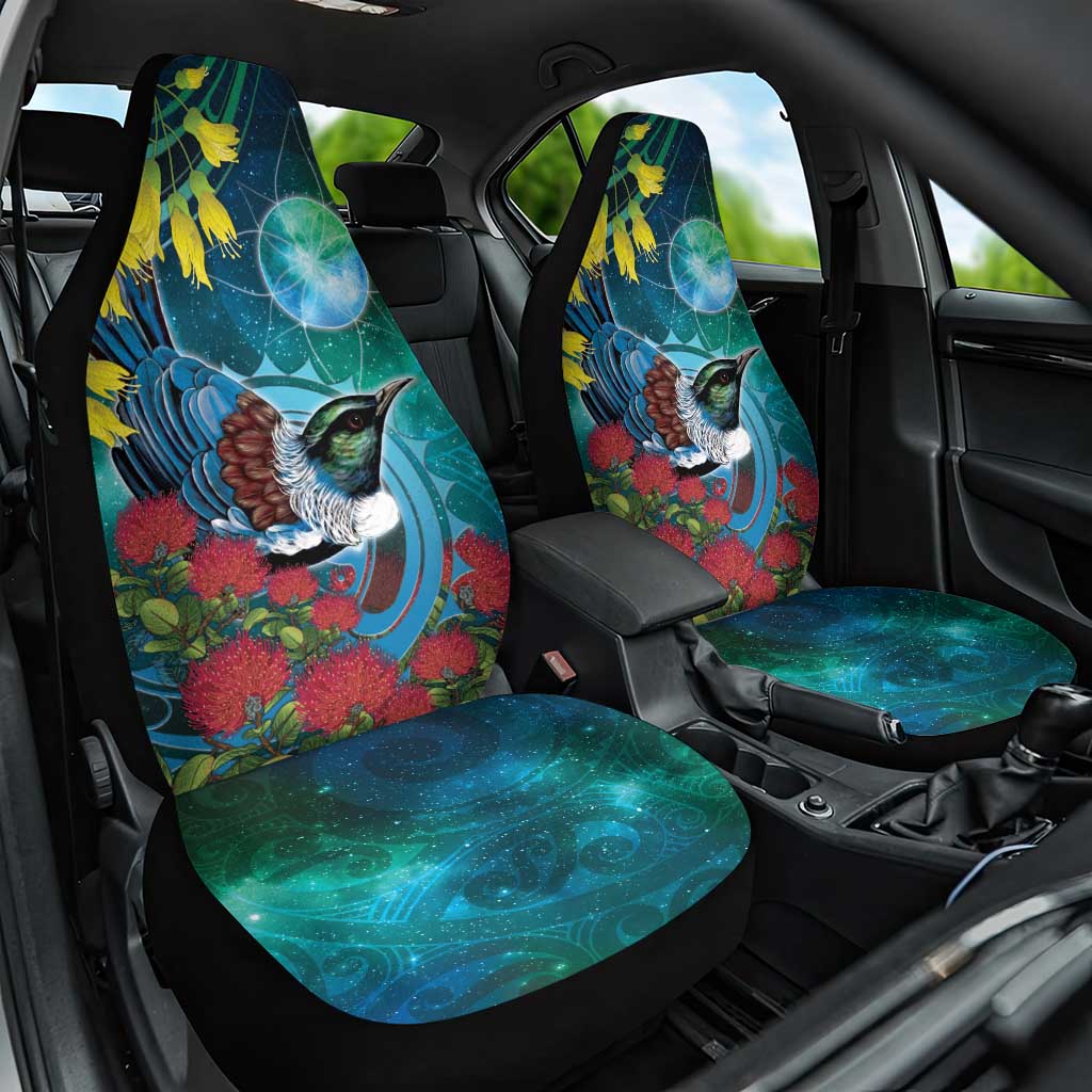 New Zealand Tui Bird Car Seat Cover Maori Koru With Pohutukawa Galaxy Style - Polynesian Pride