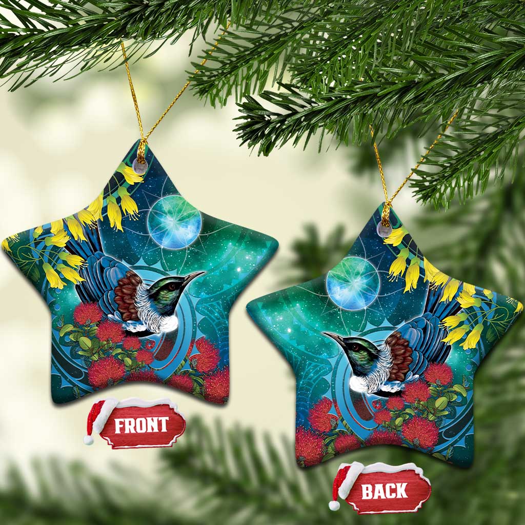 New Zealand Tui Bird Ceramic Ornament Maori Koru With Pohutukawa Galaxy Style - Polynesian Pride