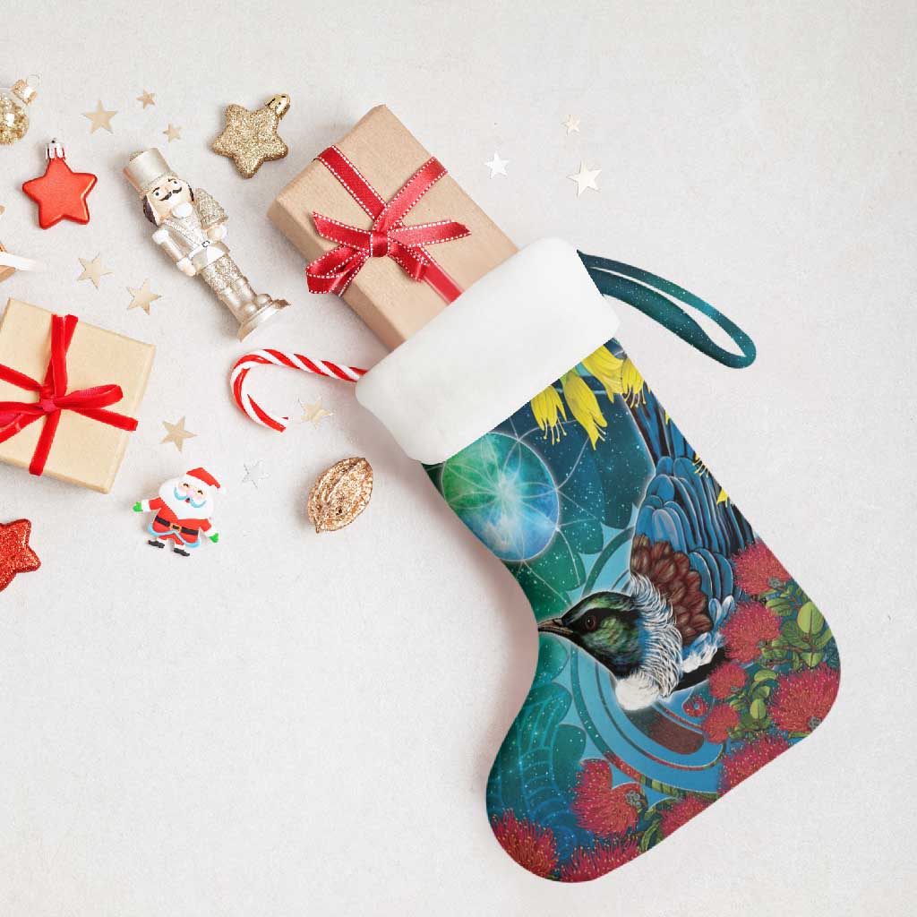 New Zealand Tui Bird Christmas Stocking Maori Koru With Pohutukawa Galaxy Style LT05 - Polynesian Pride