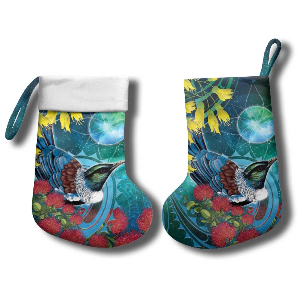 New Zealand Tui Bird Christmas Stocking Maori Koru With Pohutukawa Galaxy Style LT05 - Polynesian Pride