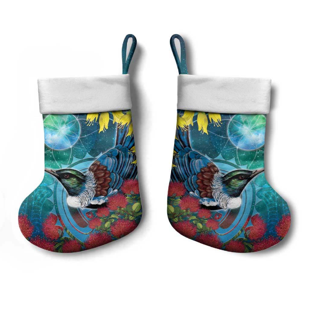New Zealand Tui Bird Christmas Stocking Maori Koru With Pohutukawa Galaxy Style LT05 - Polynesian Pride