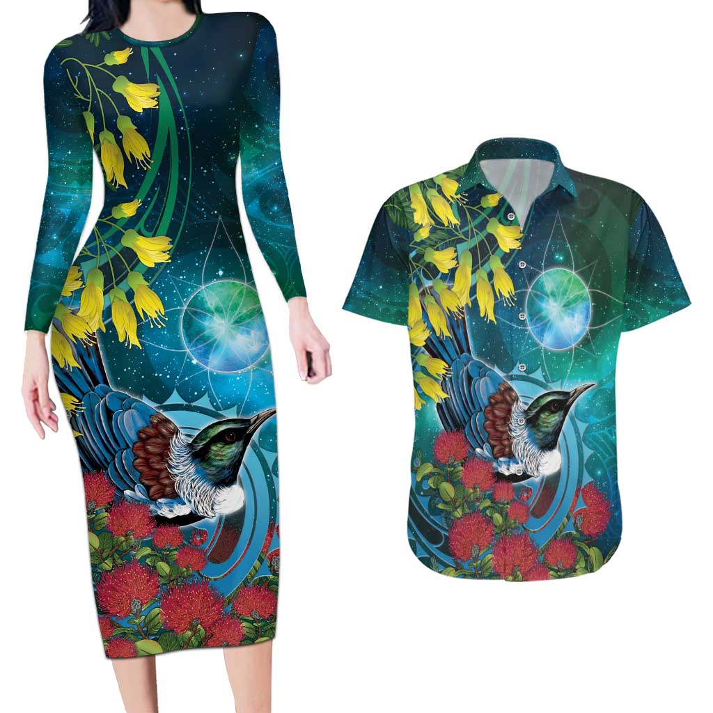New Zealand Tui Bird Couples Matching Long Sleeve Bodycon Dress and Hawaiian Shirt Maori Koru With Pohutukawa Galaxy Style LT05 Blue - Polynesian Pride