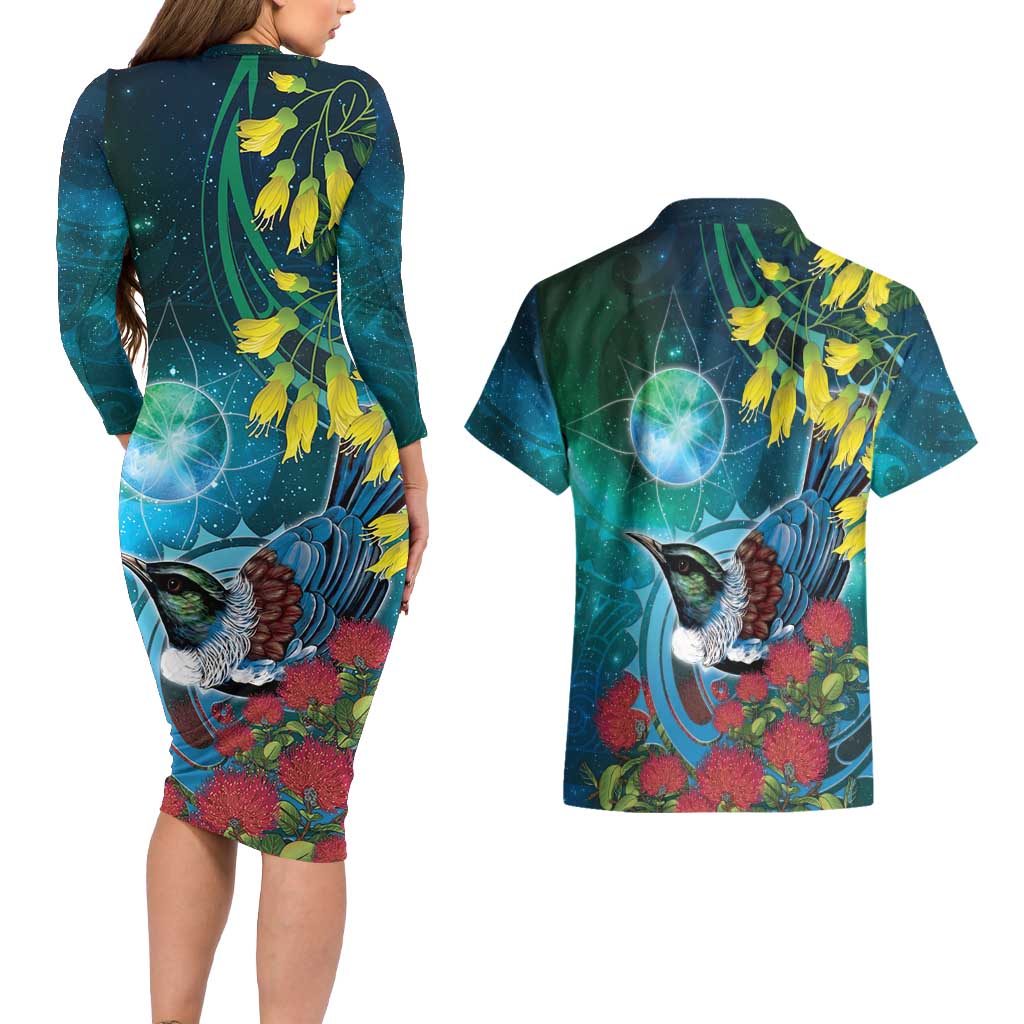 New Zealand Tui Bird Couples Matching Long Sleeve Bodycon Dress and Hawaiian Shirt Maori Koru With Pohutukawa Galaxy Style LT05 - Polynesian Pride