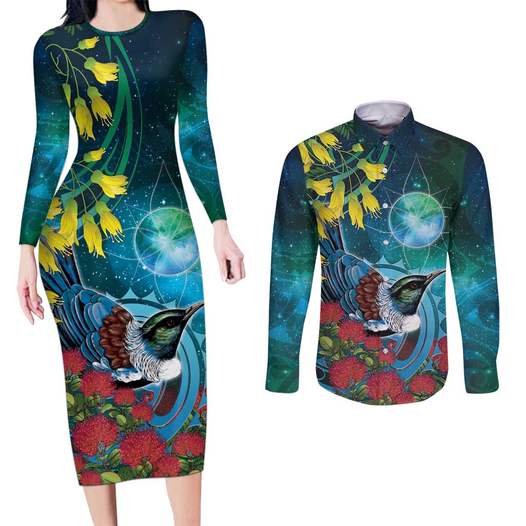 New Zealand Tui Bird Couples Matching Long Sleeve Bodycon Dress and Long Sleeve Button Shirt Maori Koru With Pohutukawa Galaxy Style LT05 Blue - Polynesian Pride