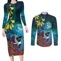 New Zealand Tui Bird Couples Matching Long Sleeve Bodycon Dress and Long Sleeve Button Shirt Maori Koru With Pohutukawa Galaxy Style LT05 Blue - Polynesian Pride