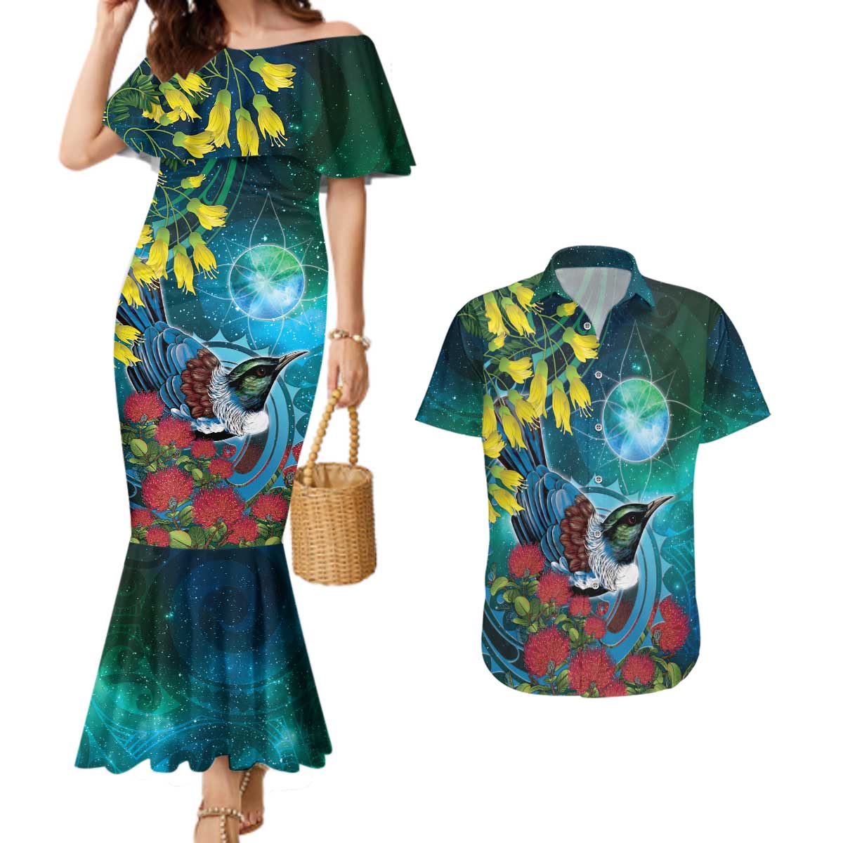 New Zealand Tui Bird Couples Matching Mermaid Dress and Hawaiian Shirt Maori Koru With Pohutukawa Galaxy Style LT05 Blue - Polynesian Pride