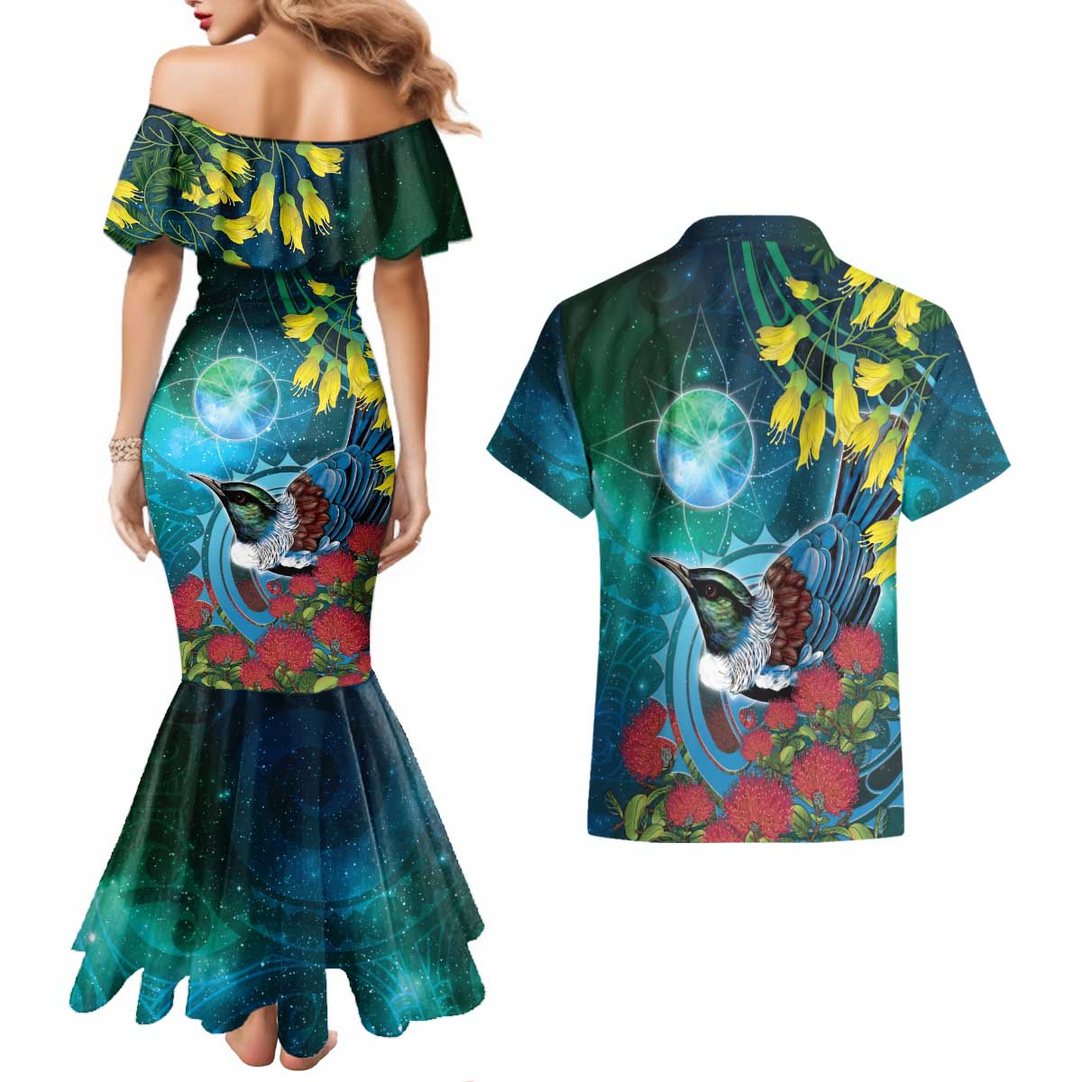 New Zealand Tui Bird Couples Matching Mermaid Dress and Hawaiian Shirt Maori Koru With Pohutukawa Galaxy Style LT05 - Polynesian Pride