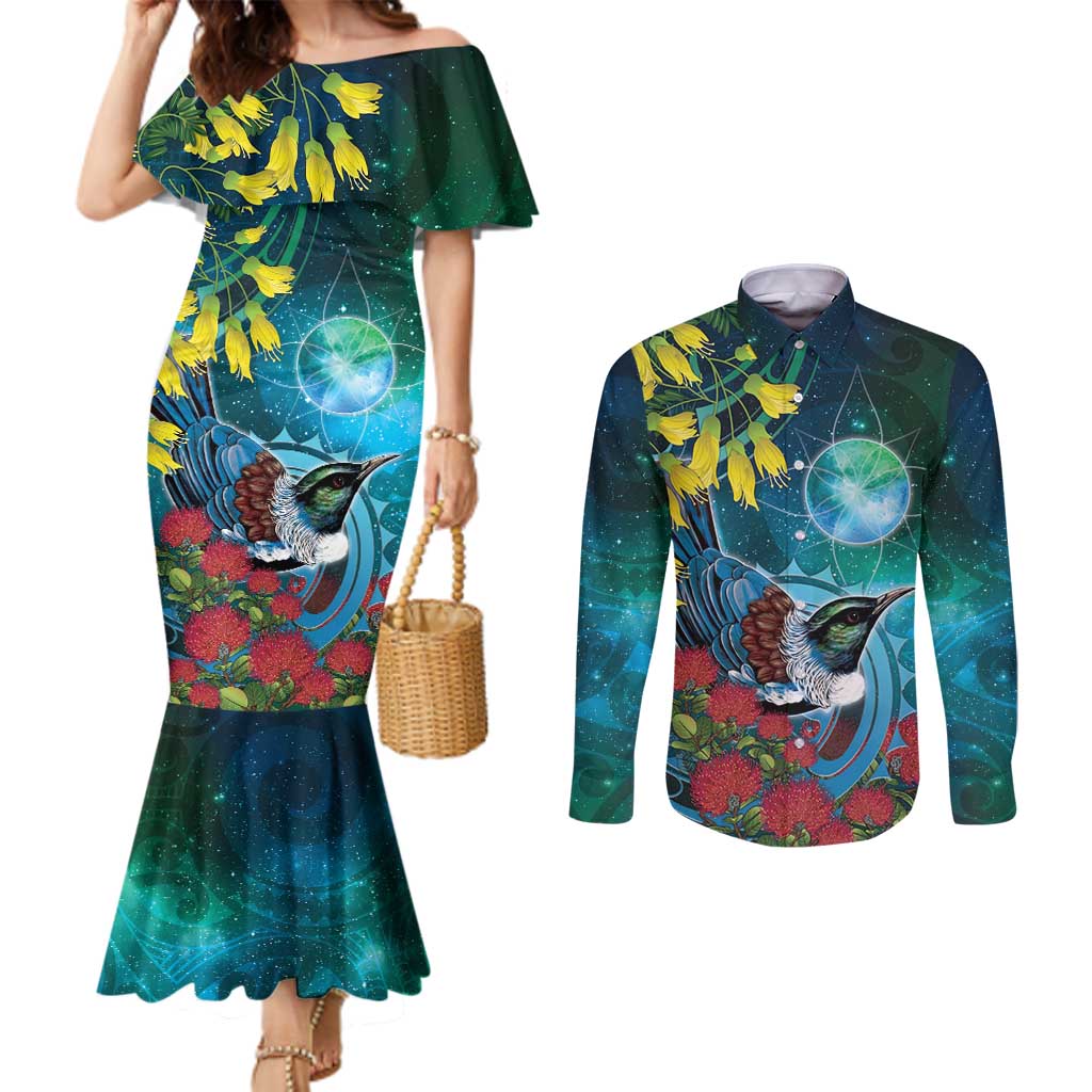 New Zealand Tui Bird Couples Matching Mermaid Dress and Long Sleeve Button Shirt Maori Koru With Pohutukawa Galaxy Style LT05 Blue - Polynesian Pride