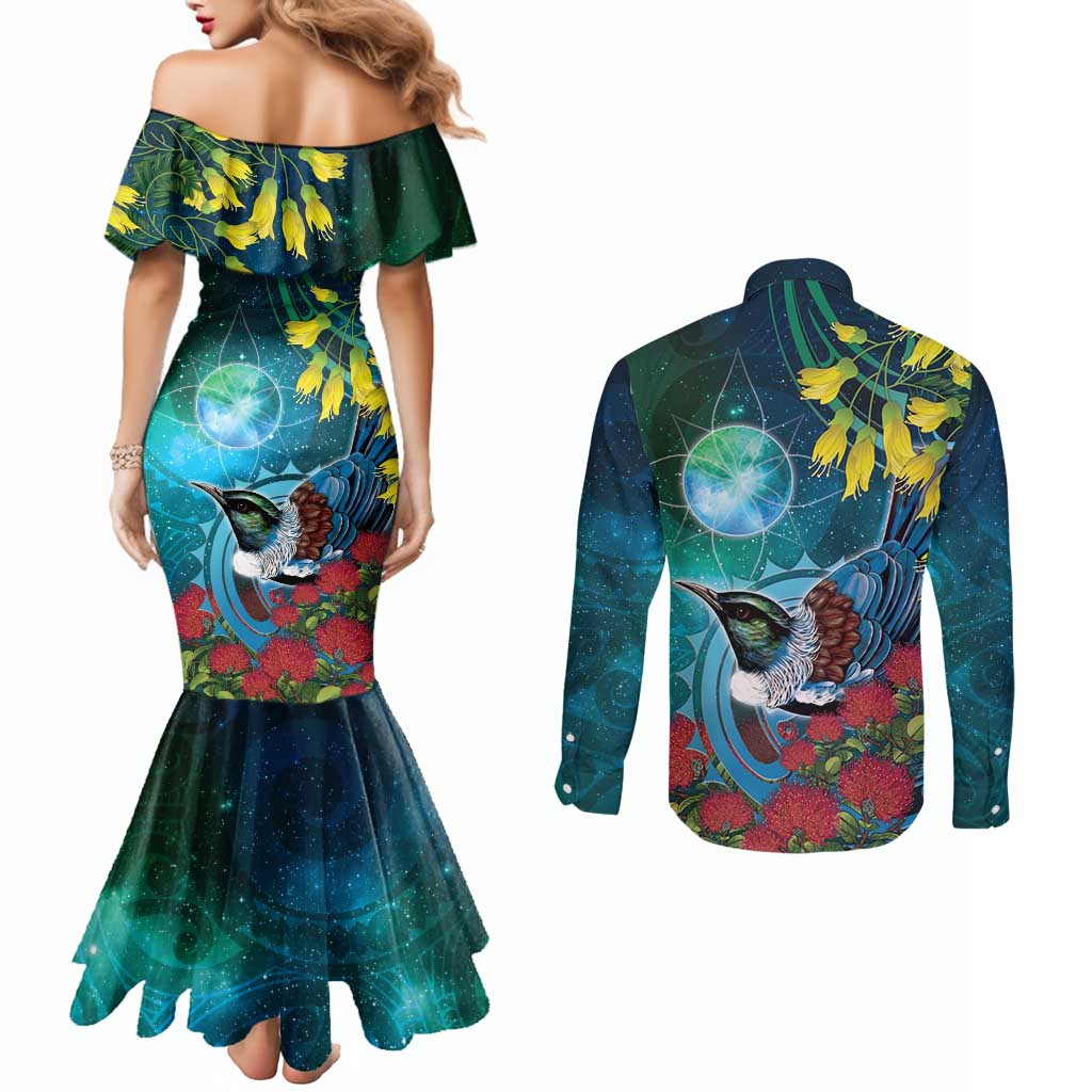 New Zealand Tui Bird Couples Matching Mermaid Dress and Long Sleeve Button Shirt Maori Koru With Pohutukawa Galaxy Style LT05 - Polynesian Pride