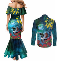 New Zealand Tui Bird Couples Matching Mermaid Dress and Long Sleeve Button Shirt Maori Koru With Pohutukawa Galaxy Style LT05 - Polynesian Pride