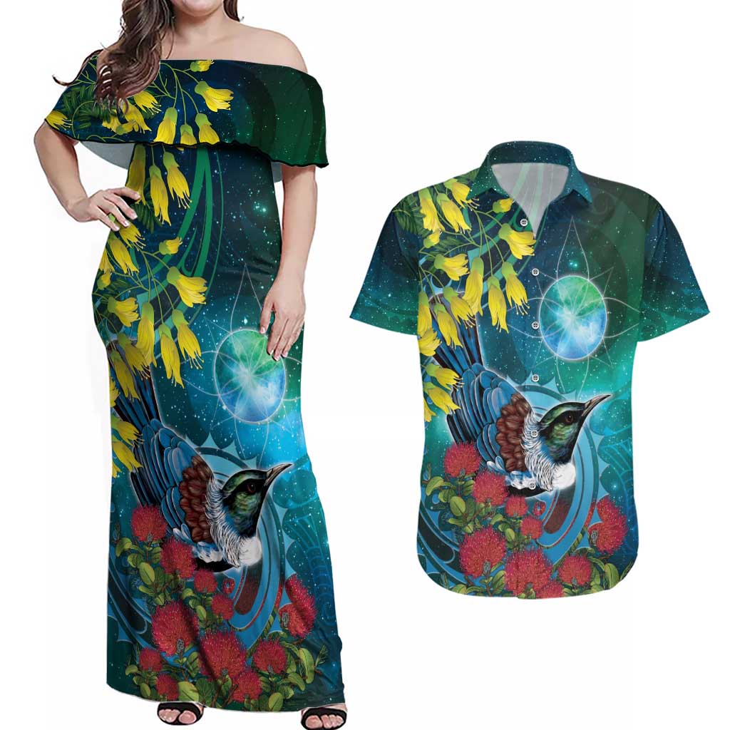 New Zealand Tui Bird Couples Matching Off Shoulder Maxi Dress and Hawaiian Shirt Maori Koru With Pohutukawa Galaxy Style - Polynesian Pride