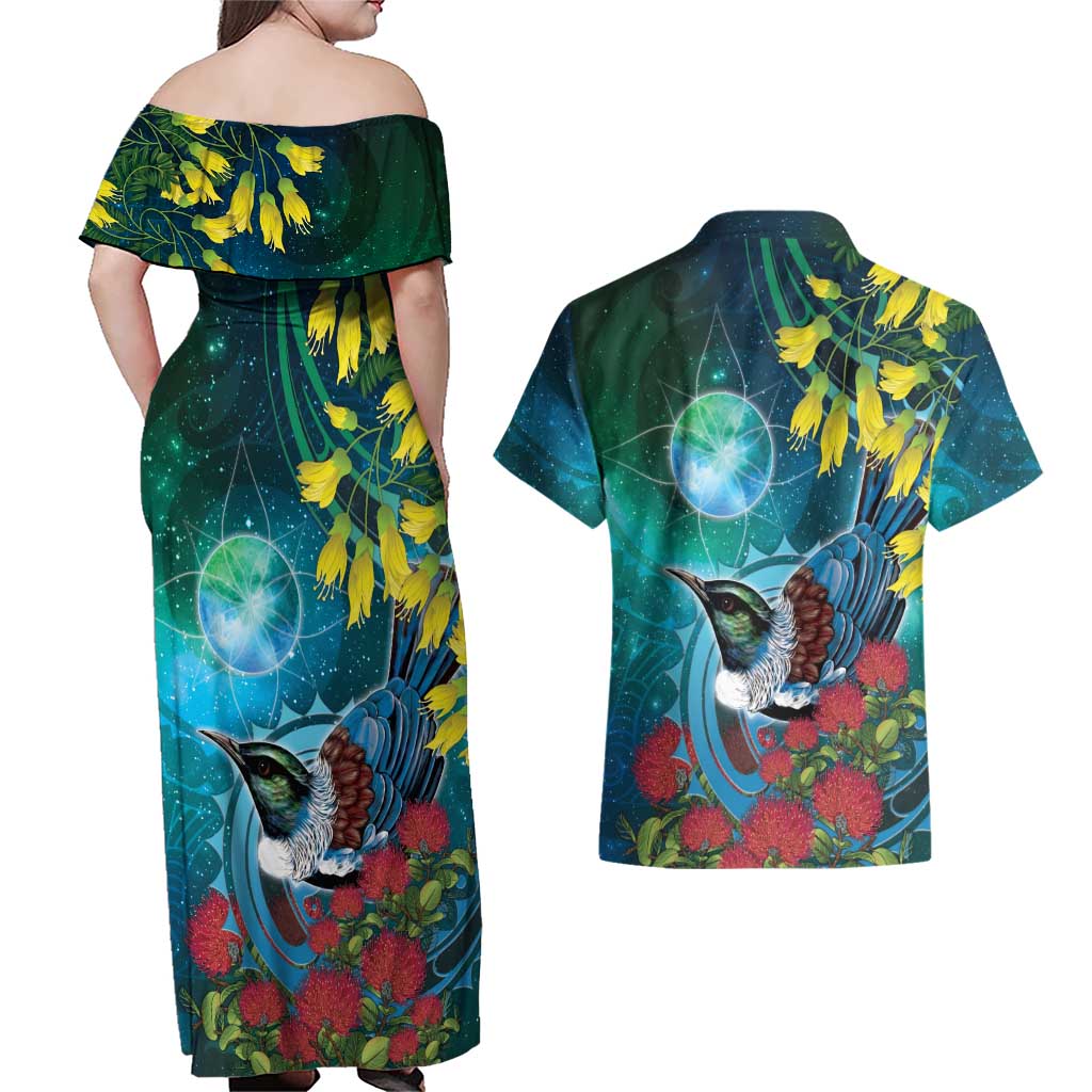 New Zealand Tui Bird Couples Matching Off Shoulder Maxi Dress and Hawaiian Shirt Maori Koru With Pohutukawa Galaxy Style LT05 - Polynesian Pride
