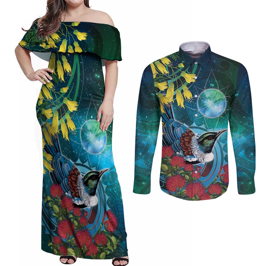 New Zealand Tui Bird Couples Matching Off Shoulder Maxi Dress and Long Sleeve Button Shirt Maori Koru With Pohutukawa Galaxy Style LT05 Blue - Polynesian Pride