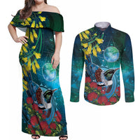 New Zealand Tui Bird Couples Matching Off Shoulder Maxi Dress and Long Sleeve Button Shirt Maori Koru With Pohutukawa Galaxy Style LT05 Blue - Polynesian Pride