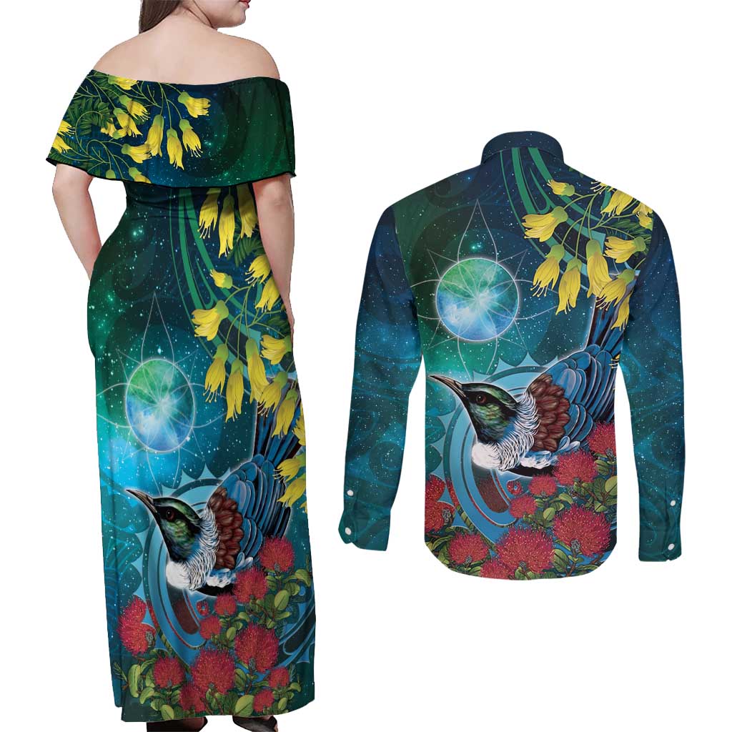 New Zealand Tui Bird Couples Matching Off Shoulder Maxi Dress and Long Sleeve Button Shirt Maori Koru With Pohutukawa Galaxy Style LT05 - Polynesian Pride