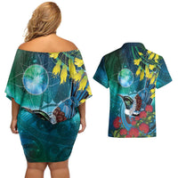 New Zealand Tui Bird Couples Matching Off Shoulder Short Dress and Hawaiian Shirt Maori Koru With Pohutukawa Galaxy Style LT05 - Polynesian Pride