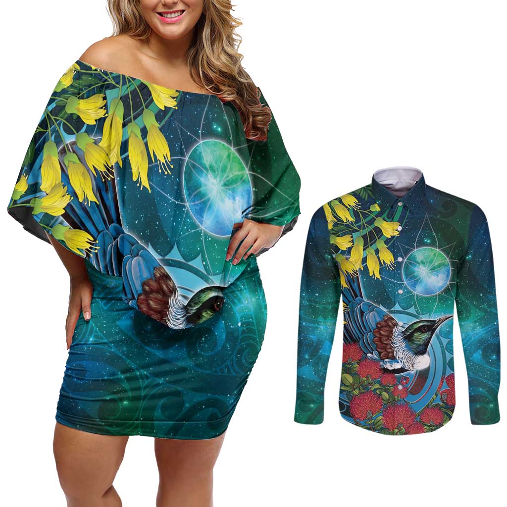 New Zealand Tui Bird Couples Matching Off Shoulder Short Dress and Long Sleeve Button Shirt Maori Koru With Pohutukawa Galaxy Style LT05 Blue - Polynesian Pride