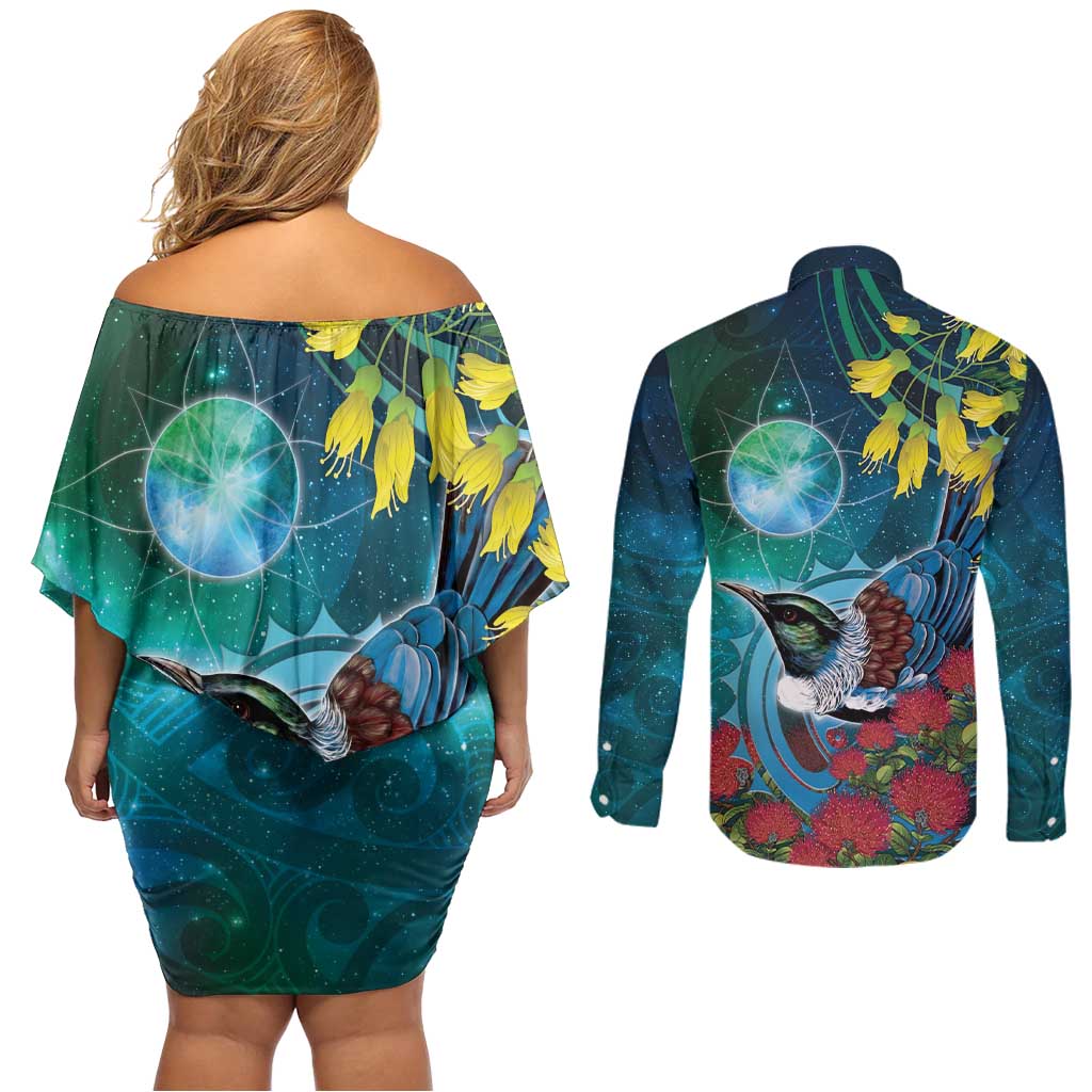 New Zealand Tui Bird Couples Matching Off Shoulder Short Dress and Long Sleeve Button Shirt Maori Koru With Pohutukawa Galaxy Style LT05 - Polynesian Pride