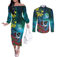 New Zealand Tui Bird Couples Matching Off The Shoulder Long Sleeve Dress and Long Sleeve Button Shirt Maori Koru With Pohutukawa Galaxy Style LT05 Blue - Polynesian Pride