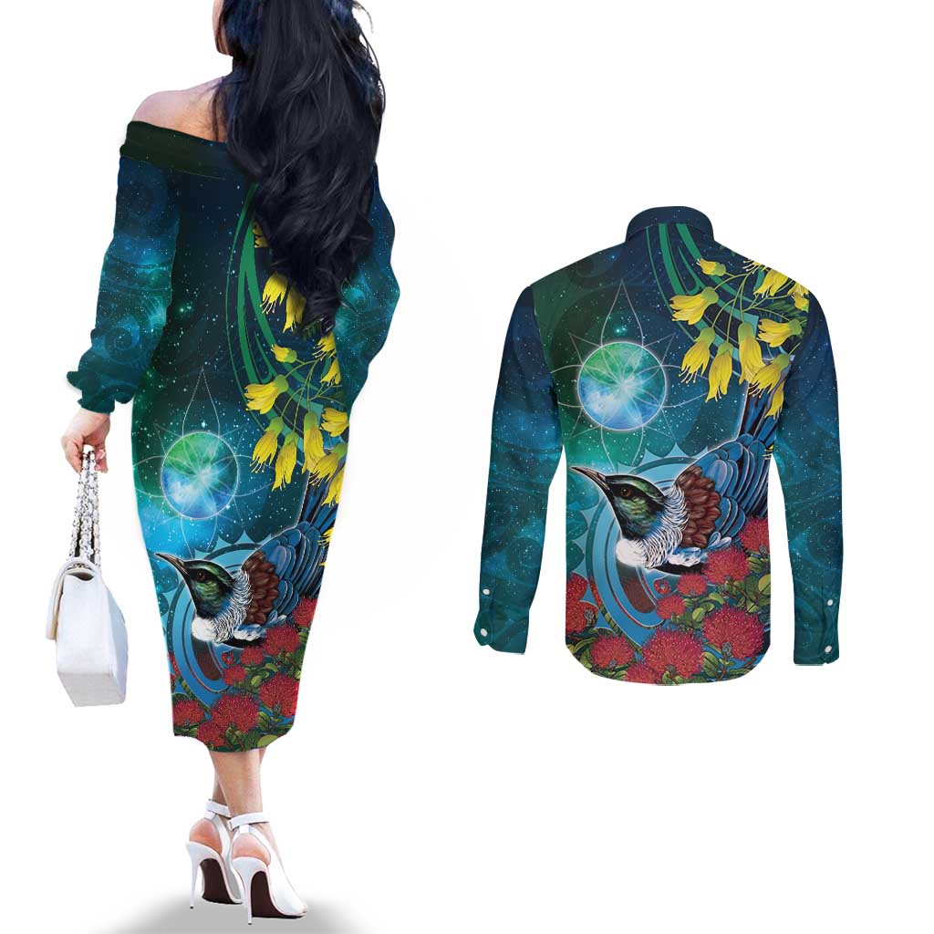 New Zealand Tui Bird Couples Matching Off The Shoulder Long Sleeve Dress and Long Sleeve Button Shirt Maori Koru With Pohutukawa Galaxy Style LT05 - Polynesian Pride