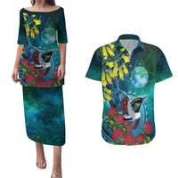 New Zealand Tui Bird Couples Matching Puletasi and Hawaiian Shirt Maori Koru With Pohutukawa Galaxy Style LT05 Blue - Polynesian Pride