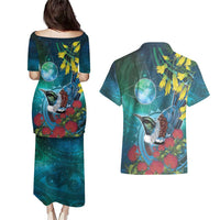 New Zealand Tui Bird Couples Matching Puletasi and Hawaiian Shirt Maori Koru With Pohutukawa Galaxy Style LT05 - Polynesian Pride