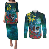 New Zealand Tui Bird Couples Matching Puletasi and Long Sleeve Button Shirt Maori Koru With Pohutukawa Galaxy Style LT05 Blue - Polynesian Pride