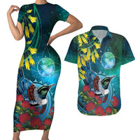 New Zealand Tui Bird Couples Matching Short Sleeve Bodycon Dress and Hawaiian Shirt Maori Koru With Pohutukawa Galaxy Style LT05 Blue - Polynesian Pride