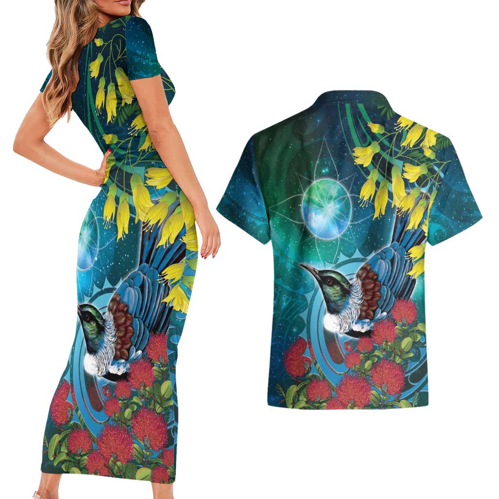 New Zealand Tui Bird Couples Matching Short Sleeve Bodycon Dress and Hawaiian Shirt Maori Koru With Pohutukawa Galaxy Style LT05 - Polynesian Pride