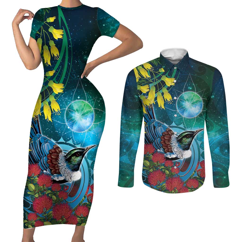 New Zealand Tui Bird Couples Matching Short Sleeve Bodycon Dress and Long Sleeve Button Shirt Maori Koru With Pohutukawa Galaxy Style - Polynesian Pride
