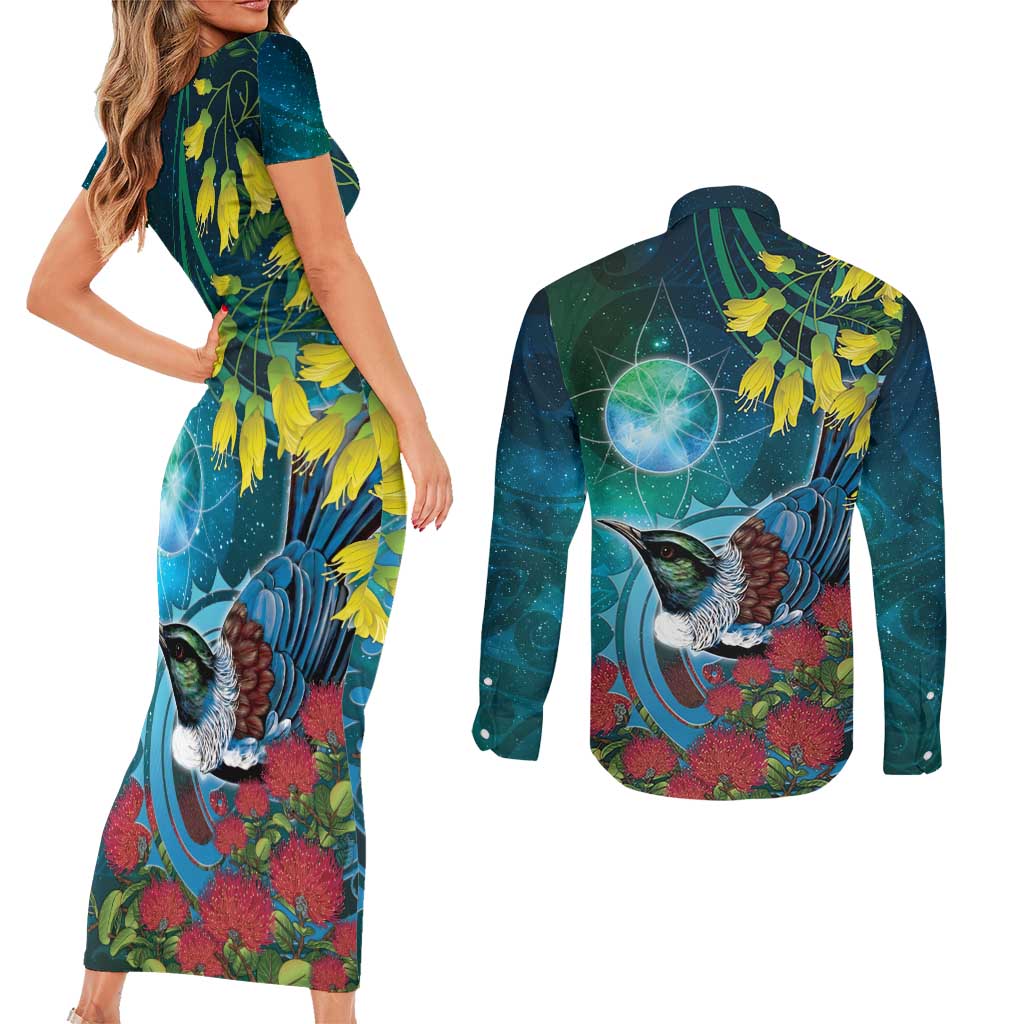 New Zealand Tui Bird Couples Matching Short Sleeve Bodycon Dress and Long Sleeve Button Shirt Maori Koru With Pohutukawa Galaxy Style LT05 - Polynesian Pride