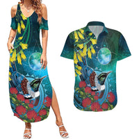 New Zealand Tui Bird Couples Matching Summer Maxi Dress and Hawaiian Shirt Maori Koru With Pohutukawa Galaxy Style LT05 Blue - Polynesian Pride