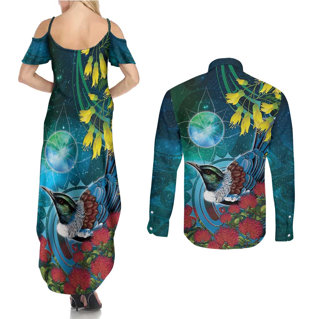 New Zealand Tui Bird Couples Matching Summer Maxi Dress and Long Sleeve Button Shirt Maori Koru With Pohutukawa Galaxy Style LT05 - Polynesian Pride