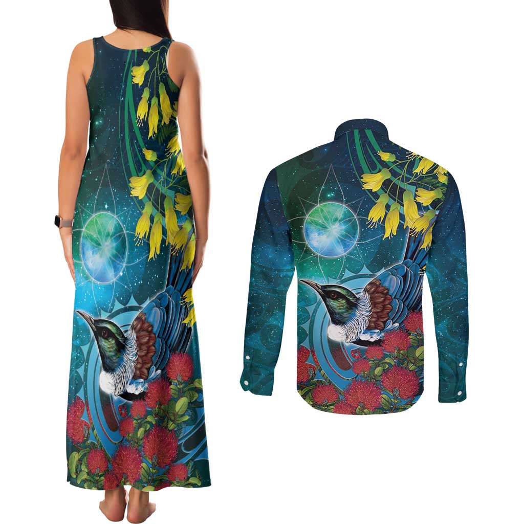 New Zealand Tui Bird Couples Matching Tank Maxi Dress and Long Sleeve Button Shirt Maori Koru With Pohutukawa Galaxy Style LT05 - Polynesian Pride