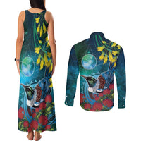 New Zealand Tui Bird Couples Matching Tank Maxi Dress and Long Sleeve Button Shirt Maori Koru With Pohutukawa Galaxy Style LT05 - Polynesian Pride