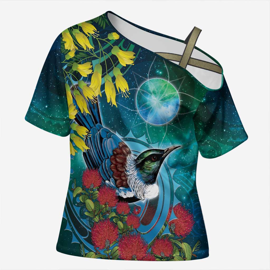 New Zealand Tui Bird Cross Shoulder Shirt Maori Koru With Pohutukawa Galaxy Style LT05 Female Blue - Polynesian Pride