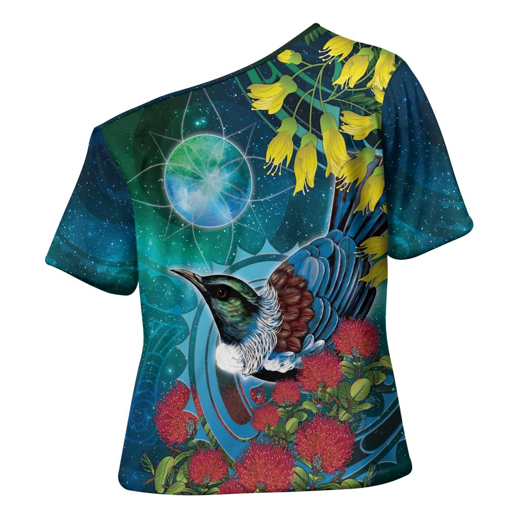 New Zealand Tui Bird Cross Shoulder Shirt Maori Koru With Pohutukawa Galaxy Style LT05 - Polynesian Pride