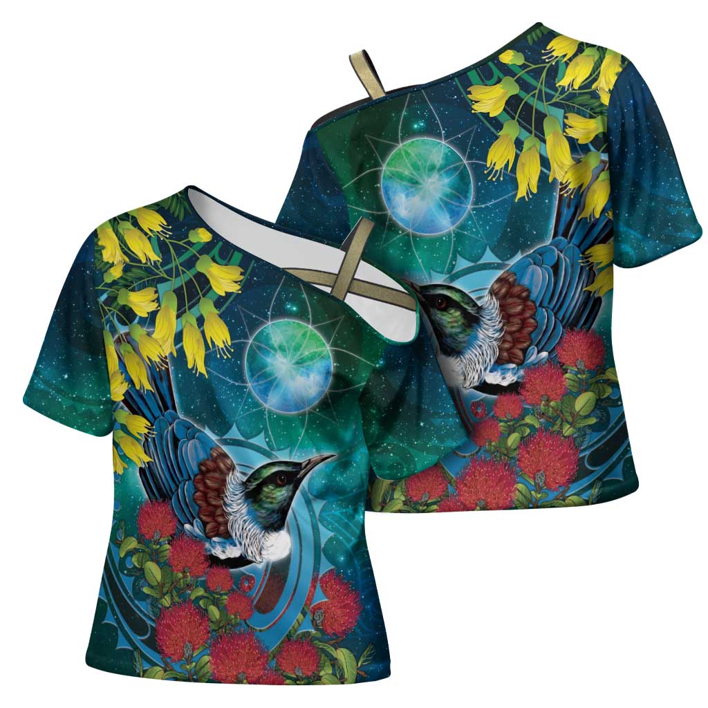 New Zealand Tui Bird Cross Shoulder Shirt Maori Koru With Pohutukawa Galaxy Style LT05 - Polynesian Pride