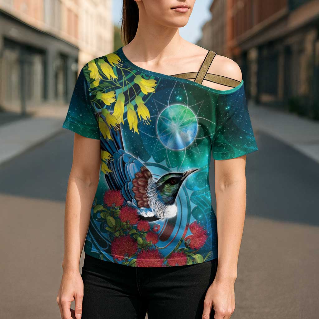 New Zealand Tui Bird Cross Shoulder Shirt Maori Koru With Pohutukawa Galaxy Style LT05 - Polynesian Pride