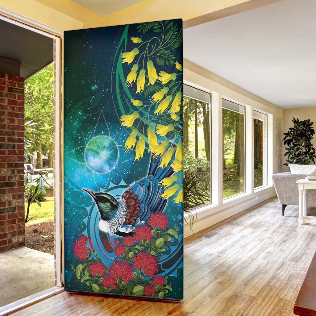 New Zealand Tui Bird Door Cover Maori Koru With Pohutukawa Galaxy Style LT05 - Polynesian Pride