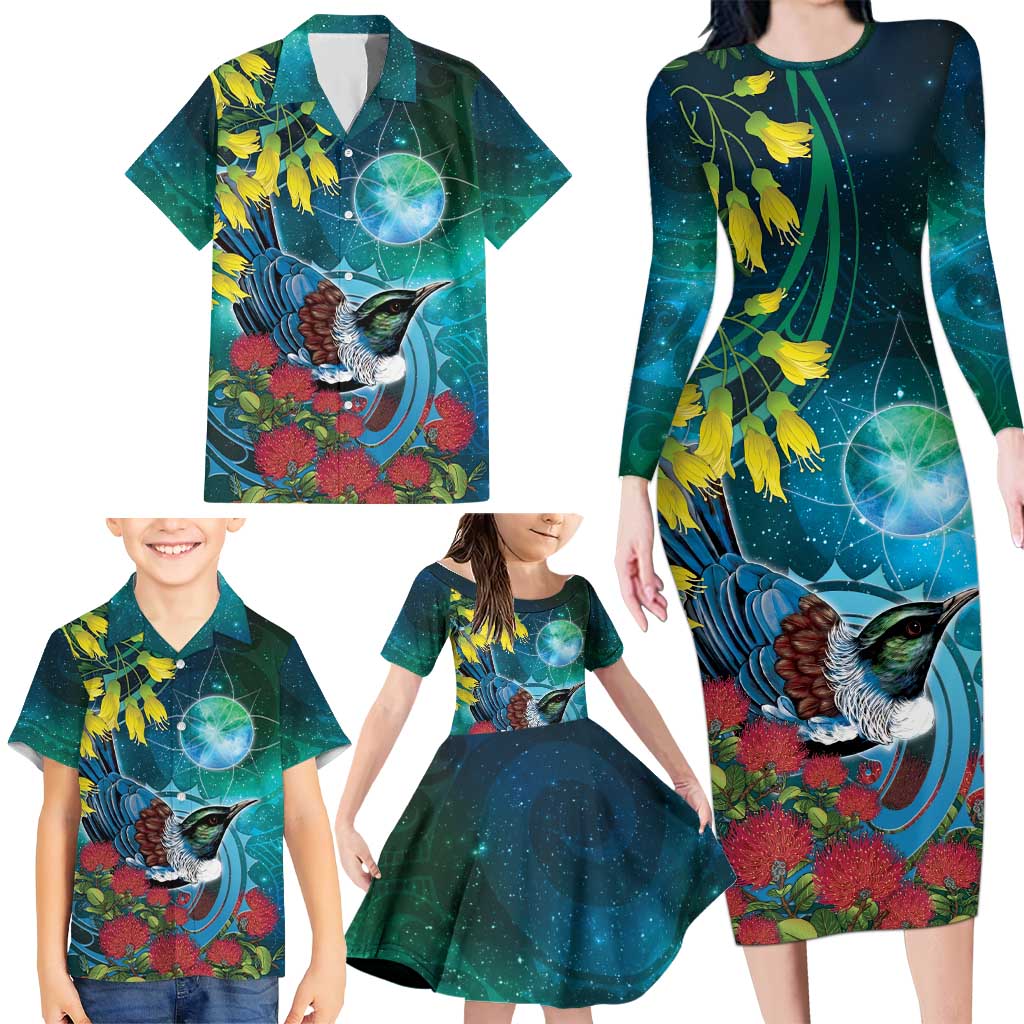 New Zealand Tui Bird Family Matching Long Sleeve Bodycon Dress and Hawaiian Shirt Maori Koru With Pohutukawa Galaxy Style - Polynesian Pride