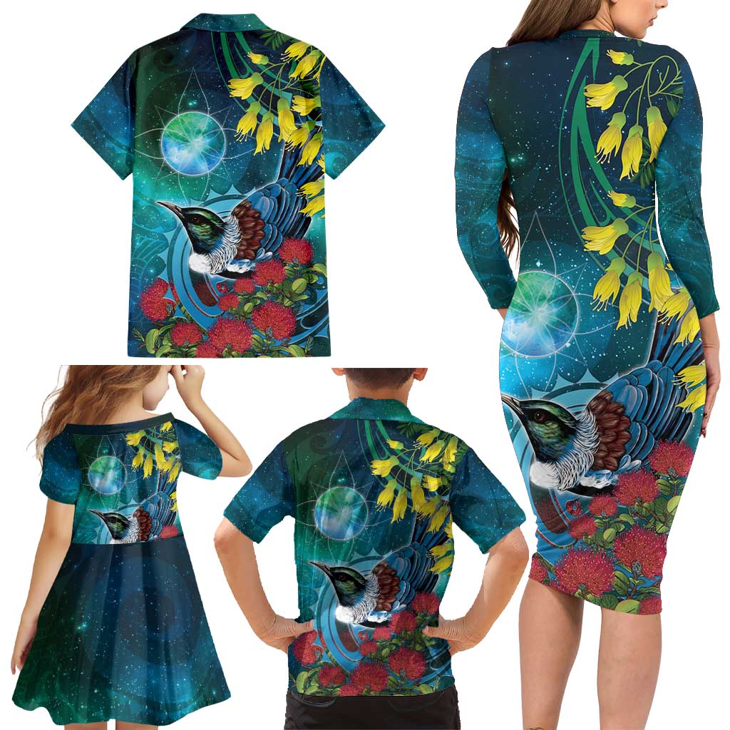 New Zealand Tui Bird Family Matching Long Sleeve Bodycon Dress and Hawaiian Shirt Maori Koru With Pohutukawa Galaxy Style LT05 - Polynesian Pride