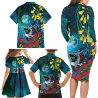 New Zealand Tui Bird Family Matching Long Sleeve Bodycon Dress and Hawaiian Shirt Maori Koru With Pohutukawa Galaxy Style LT05 - Polynesian Pride