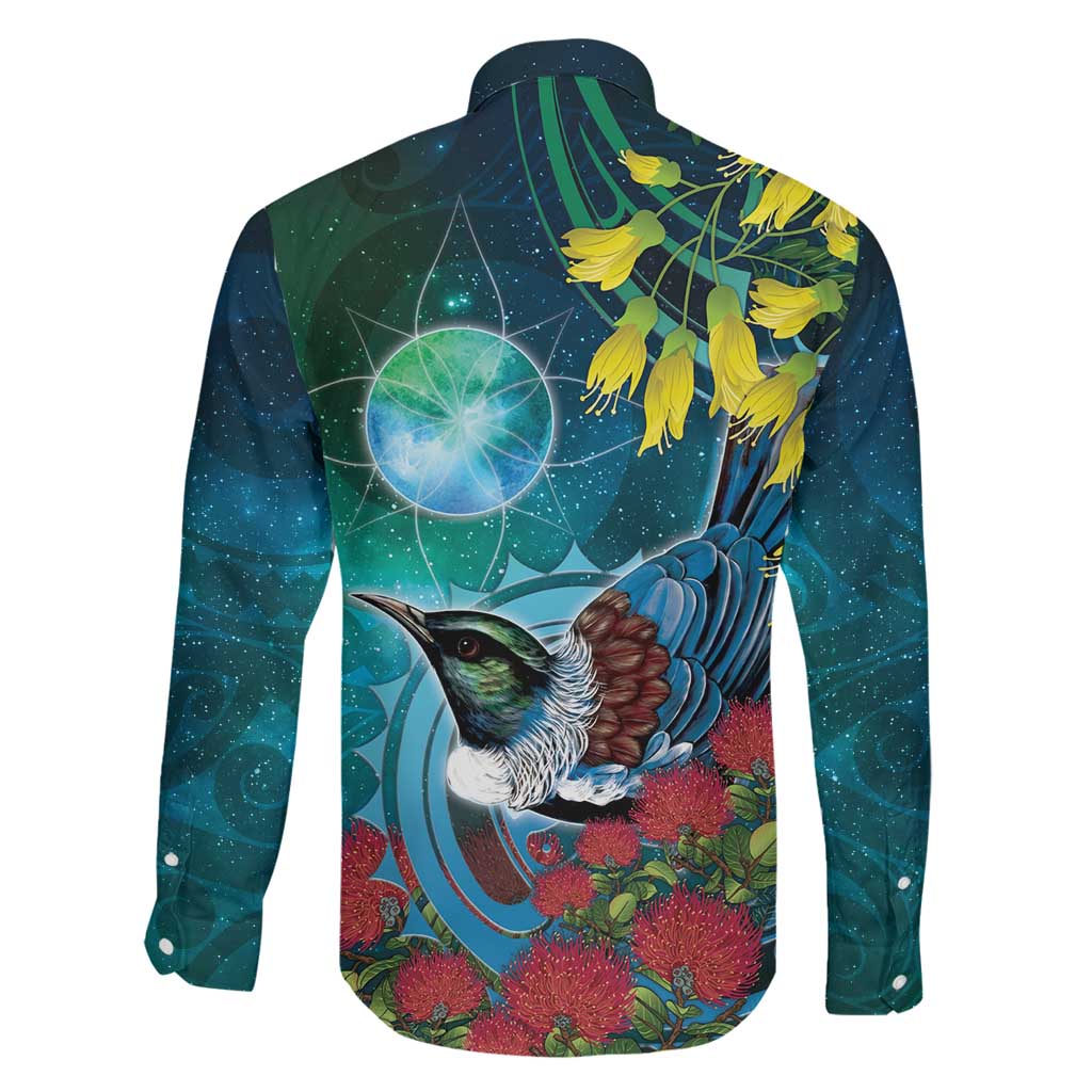New Zealand Tui Bird Family Matching Long Sleeve Bodycon Dress and Hawaiian Shirt Maori Koru With Pohutukawa Galaxy Style LT05 - Polynesian Pride