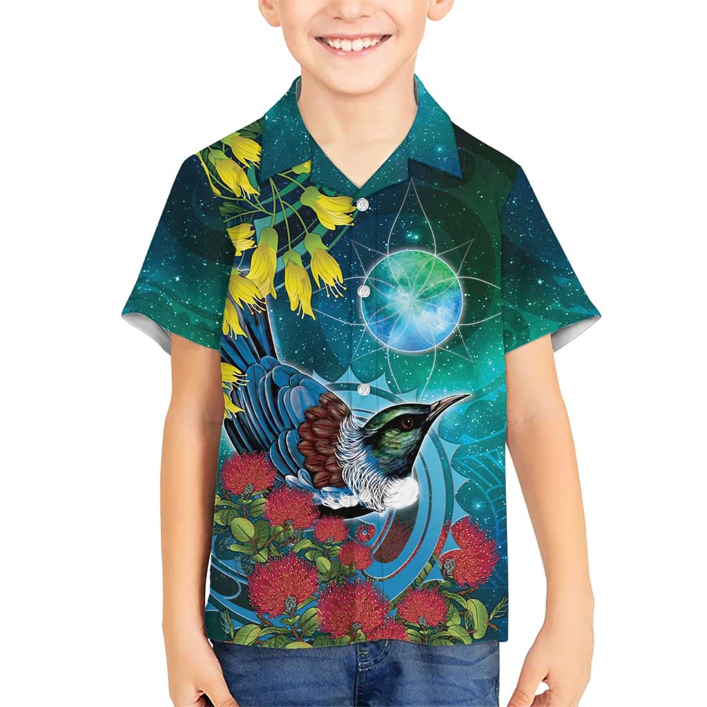 New Zealand Tui Bird Family Matching Long Sleeve Bodycon Dress and Hawaiian Shirt Maori Koru With Pohutukawa Galaxy Style LT05 - Polynesian Pride