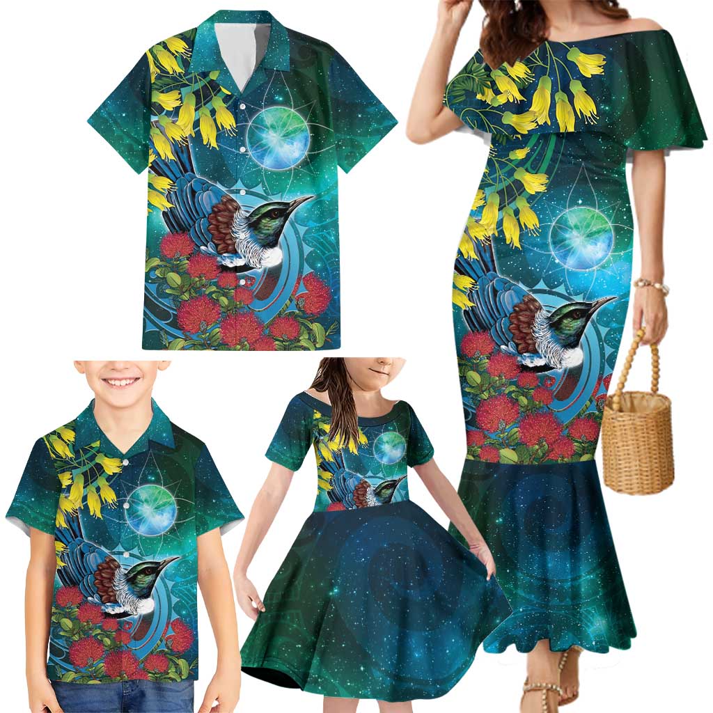 New Zealand Tui Bird Family Matching Mermaid Dress and Hawaiian Shirt Maori Koru With Pohutukawa Galaxy Style LT05 - Polynesian Pride