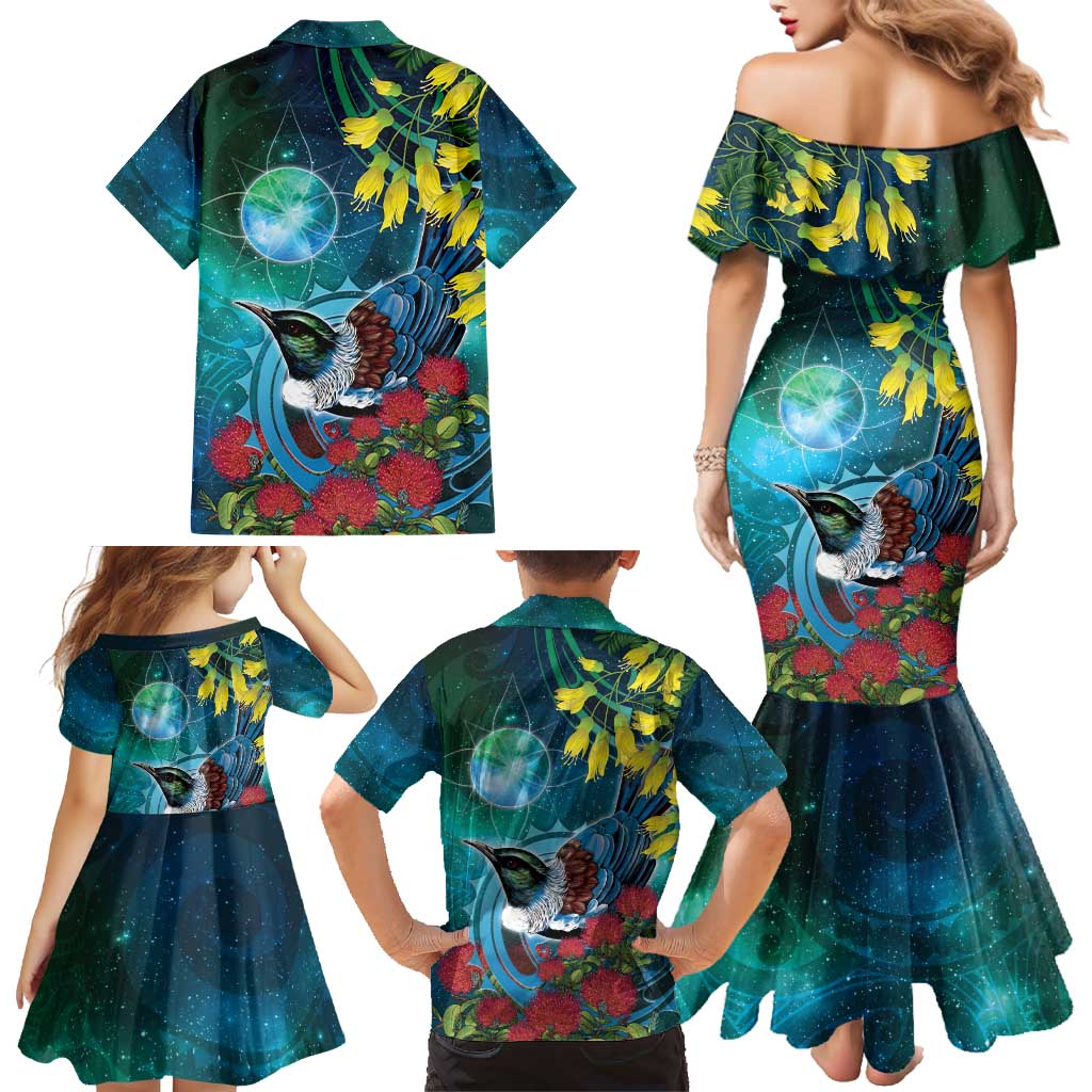 New Zealand Tui Bird Family Matching Mermaid Dress and Hawaiian Shirt Maori Koru With Pohutukawa Galaxy Style LT05 - Polynesian Pride